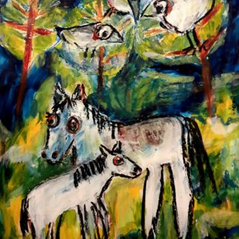Malerei mit dem Titel "Horses , im Jura gi…" von Silvia Messerli, Original-Kunstwerk, Acryl