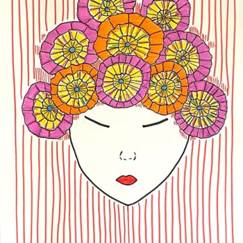 Zeichnungen mit dem Titel "Girl+ flowers no. 1" von Metka Gelt, Original-Kunstwerk, Marker