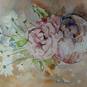 제목이 "Rose au vase rose"인 미술작품 Marie Claude Laurent로, 원작, 수채화