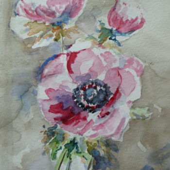 Painting titled "anémones" by Marie Claude Laurent, Original Artwork, Watercolor