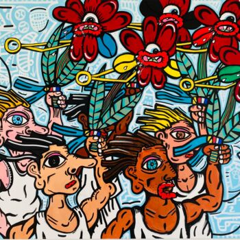 Картина под названием "Fleurs olympiques" - Michael Hebert, Подлинное произведение искусства, Акрил Установлен на Деревянная…