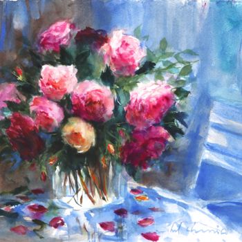 绘画 标题为“Bouquet de roses an…” 由Michel Charrier, 原创艺术品, 水彩