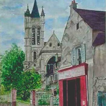 Painting titled "eglise du vieux Gou…" by Michel De Ruyck, Original Artwork, Watercolor Mounted on Cardboard