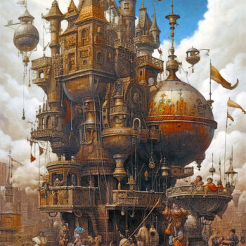 Цифровое искусство под названием "Steam punk village" - Michel Furnon, Подлинное произведение искусства, Цифровая живопись