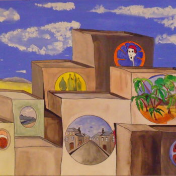 「La vie en cubes」というタイトルの絵画 Michel Mercier (Mike)によって, オリジナルのアートワーク, グワッシュ水彩画