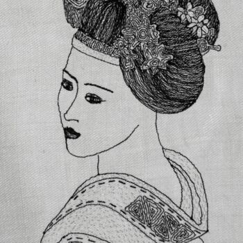 Arte textil titulada "AKINA Feur du print…" por Michèle Duvillet, Obra de arte original, Hilo