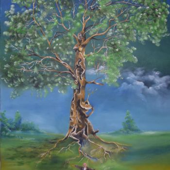 「L'arbre」というタイトルの絵画 Michele Sevillaによって, オリジナルのアートワーク, オイル ウッドストレッチャーフレームにマウント
