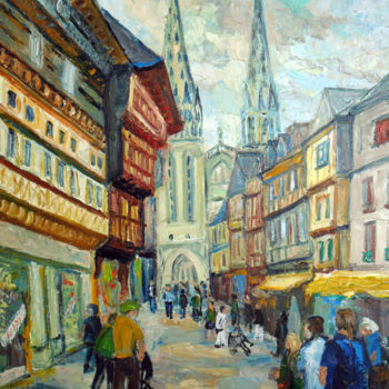 Painting titled "Quimper : la rue Ké…" by Michel Hamelin, Original Artwork, Oil