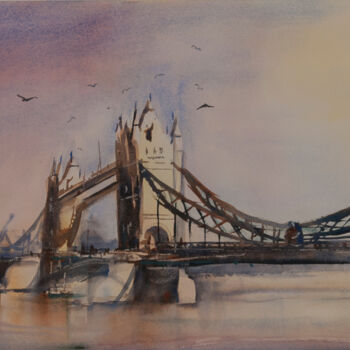 「Londres le pont Tow…」というタイトルの絵画 Michelle Thébault (Farane)によって, オリジナルのアートワーク, 水彩画