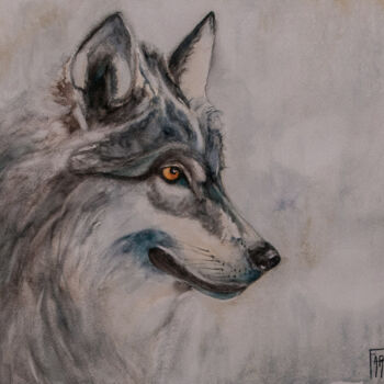 Painting titled "loup gris" by Michelle Thébault (Farane), Original Artwork, Watercolor