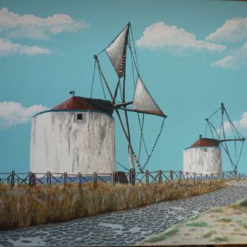 pintura do uma moinho de vento dentro uma Vila com flores e uma