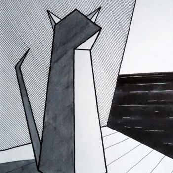 Drawing titled "CAT & SEA" by Miguel Esquivel Kuello, Original Artwork, Ink