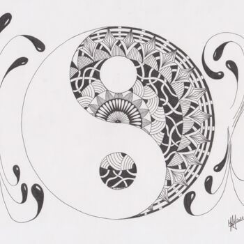 Рисунок под названием "Mandala 5 (yin-yang)" - Miguel Marques, Подлинное произведение искусства, Чернила