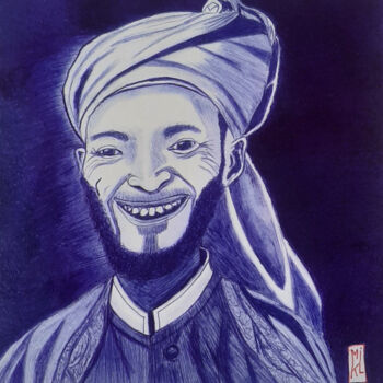 Drawing titled "L'homme au turban" by Mikael Schneider, Original Artwork, Gel pen