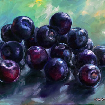 Painting titled "plums" by Mila Pavlova, Original Artwork, Oil Mounted on Wood Stretcher frame