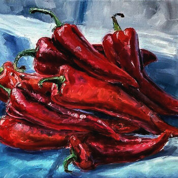 Painting titled "red peppers" by Mila Pavlova, Original Artwork, Oil Mounted on Wood Stretcher frame