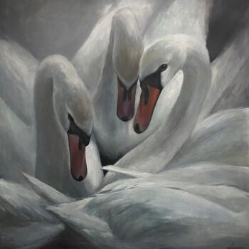 Painting titled "Swans" by Milana Levadnaya, Original Artwork, Acrylic Mounted on Wood Stretcher frame