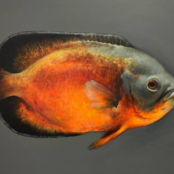 Painting titled "Red Astronotus" by Milana Levadnaya, Original Artwork, Acrylic Mounted on Wood Stretcher frame