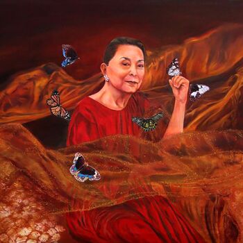 Schilderij getiteld "Wings of Helen" door Milo Abadilla, Origineel Kunstwerk, Olie Gemonteerd op Frame voor houten brancard