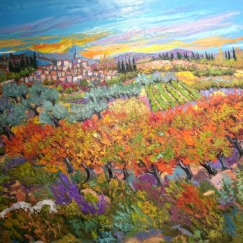 Malerei mit dem Titel "Village en Provence" von Milorv, Original-Kunstwerk, Öl