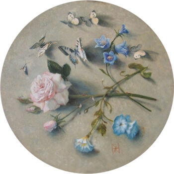 Peinture intitulée "Butterflies and rose" par Mimi Hi, Œuvre d'art originale, Huile Monté sur Châssis en bois