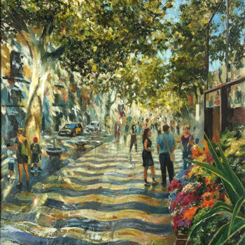 Painting titled "Ramblas de Barcelon…" by Miquel Cazaña, Original Artwork, Oil