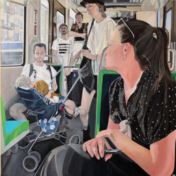 Painting titled "le tram de Nantes" by Mireille Koehl, Original Artwork, Acrylic Mounted on Wood Stretcher frame