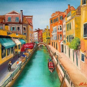 Painting titled "Sunny Venice" by Mkate, Original Artwork, Oil Mounted on Wood Stretcher frame