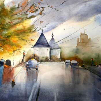 Painting titled "Autumn in the city…" by Mkate, Original Artwork, Watercolor