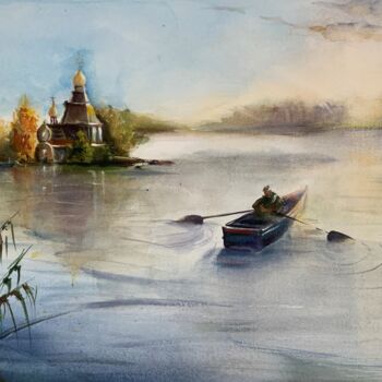 Peinture intitulée "Fisherman on the ri…" par Mkate, Œuvre d'art originale, Aquarelle
