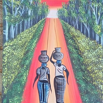 Painting titled "African village wom…" by Jafeth Moiane, Original Artwork, Acrylic