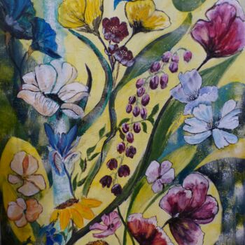 Картина под названием "Fleurs" - Môm, Подлинное произведение искусства, Акрил Установлен на Деревянная рама для носилок