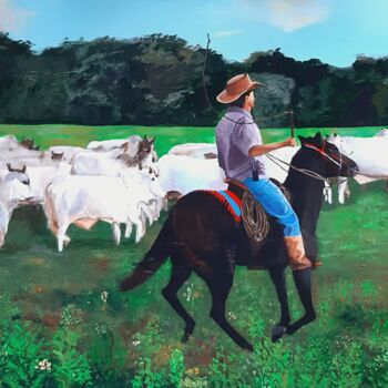 Painting titled "Cowboy, horse and c…" by Monica Le Crom, Original Artwork, Acrylic Mounted on Wood Stretcher frame