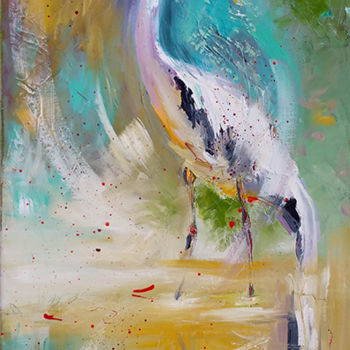 Painting titled "Le héron.jpg" by Monique Delord, Original Artwork, Oil Mounted on Wood Stretcher frame