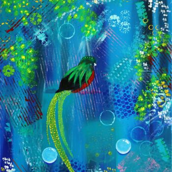 Ζωγραφική με τίτλο "Quetzal" από Monique Kawka, Αυθεντικά έργα τέχνης, Ακρυλικό Τοποθετήθηκε στο Ξύλινο φορείο σκελετό