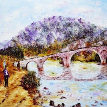 Schilderij getiteld "Quézac : Pont romai…" door Monique Laville, Origineel Kunstwerk, Olie