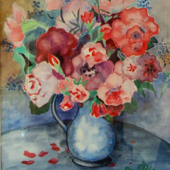 Malerei mit dem Titel "bouquet rose et bleu" von Monique Maurice (Mona), Original-Kunstwerk, Aquarell Auf Karton montiert