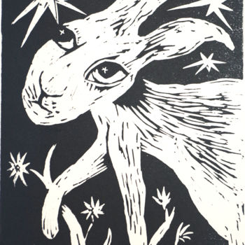 「Stargazing hare」というタイトルの製版 Penny Wrightによって, オリジナルのアートワーク, Linocuts