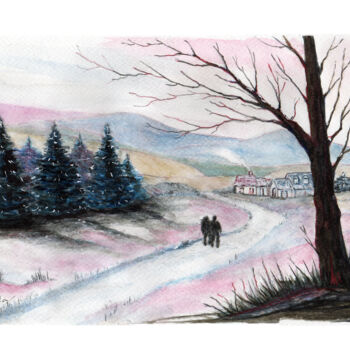 Painting titled "Camino en el bosque" by Mora Castela, Original Artwork, Watercolor