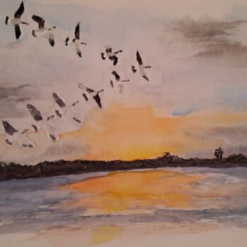 Painting titled "Grues du lac du Der" by Morgane Mlynarczyk, Original Artwork, Watercolor