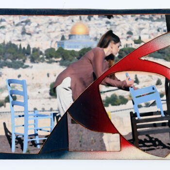 Collagen mit dem Titel "Ground Zero" von Moti Bazak, Original-Kunstwerk, Collagen Auf Holzplatte montiert