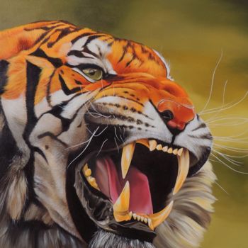 Painting titled "The tiger growls" by Kakajan Charyyev, Original Artwork, Oil Mounted on Wood Stretcher frame