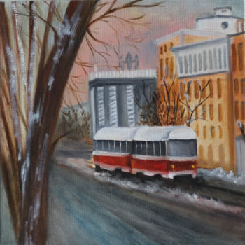 Painting titled ""city tram" oil pai…" by Mariya Sirotkina, Original Artwork, Oil