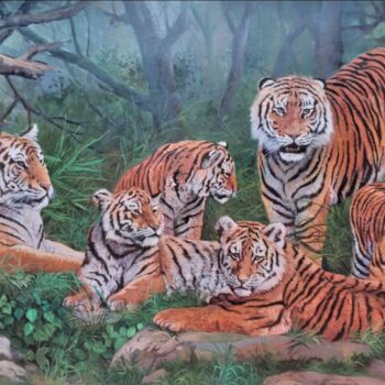 Pittura intitolato "Tiger Family #2" da Mujiono, Opera d'arte originale, Olio