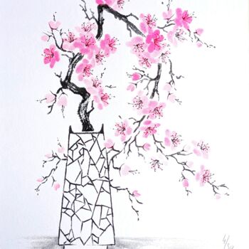 绘画 标题为“Vase au sakura rose” 由Muriel Besnard, 原创艺术品, 墨
