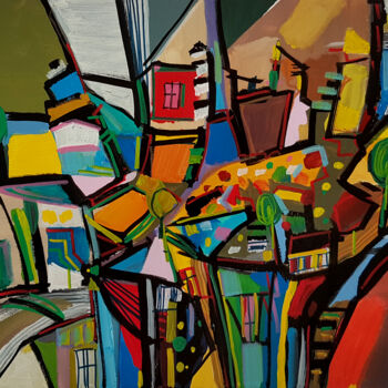 Peinture intitulée "Le village aux quat…" par Muriel Cayet, Œuvre d'art originale, Acrylique