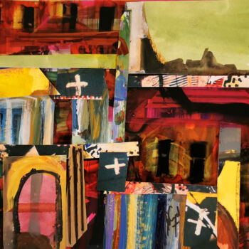 Painting titled "Village en rose et…" by Muriel Cayet, Original Artwork, Collages Mounted on Cardboard