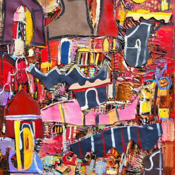 Malerei mit dem Titel "Danse de maisons au…" von Muriel Cayet, Original-Kunstwerk, Acryl Auf Keilrahmen aus Holz montiert