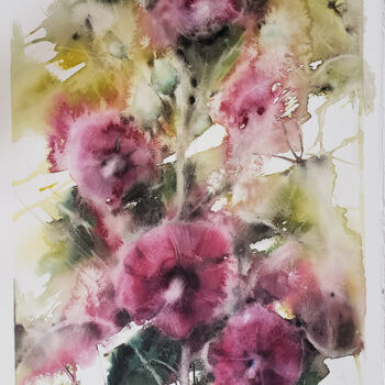 绘画 标题为“Roses trémières au…” 由Muriel Mougeolle, 原创艺术品, 水彩