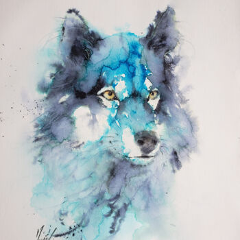 Painting titled "Loup bleu" by Muriel Mougeolle, Original Artwork, Watercolor